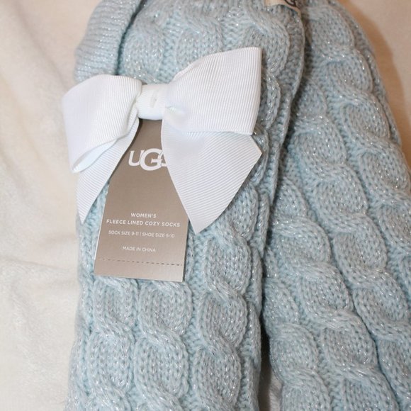 NWT UGG WOMEN'S GIRLS FLEECE LINED SPARKLE BOW SOCKS BLUE - Picture 2 of 6